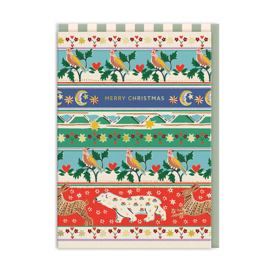 A Merry Christmas card featuring charming animals, birds, hearts, stars, a bear, and festive greetings displayed on patterned rows with a blue stripe.