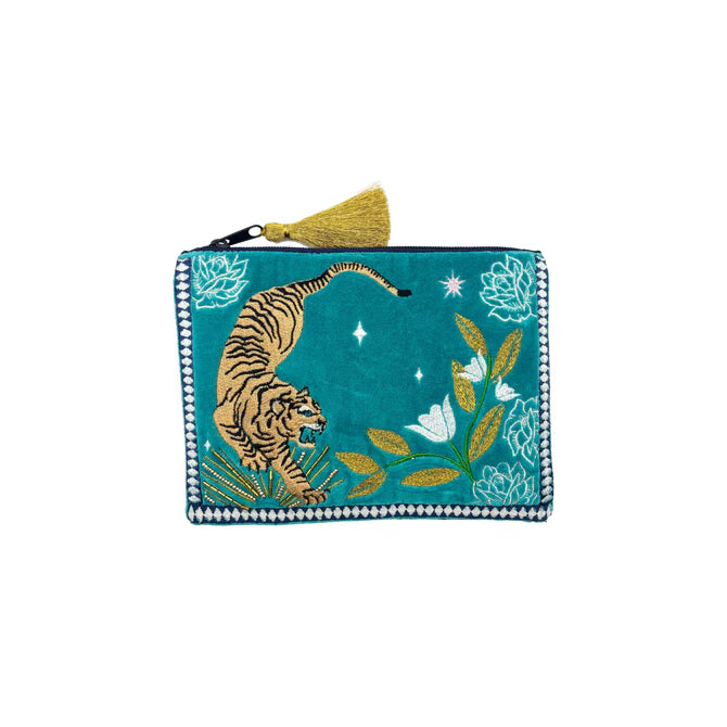 A teal Tiger Makeup Bag with a yellow tassel, featuring an embroidered tiger, white flowers and green leaves—vegan-friendly and ideal as a unique Christmas present.