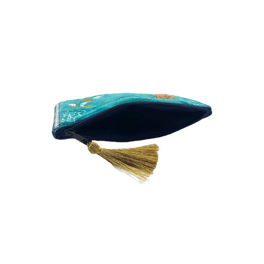 Teal zippered pouch with gold tassel, open to reveal its interior, serving as a stylish vegan-friendly Tiger Makeup Bag, shown isolated against a white background.