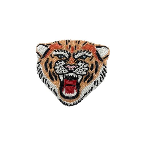 Beaded patch featuring a tiger’s head with an open mouth, displaying teeth and tongue, made from vegan-friendly materials on a plain white background.