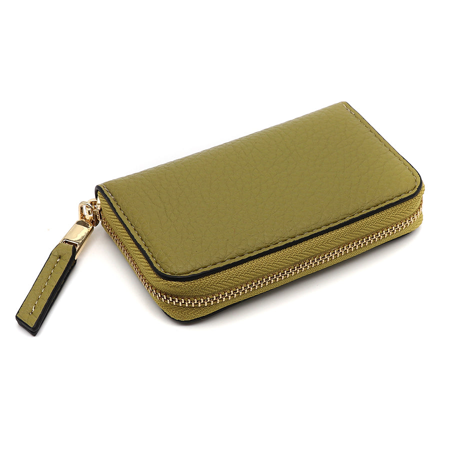 A closed olive green leather wallet with a gold zip and matching pull, resembling a stylish travel makeup bag, is displayed against a white background.