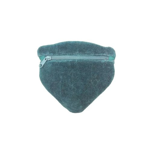 A small, teal, triangular fabric pouch with a zip across the top, this vegan-friendly Tiger Coin Purse is both stylish and practical.