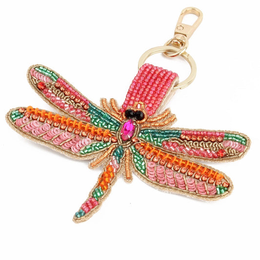 Handcrafted pink dragonfly keyring featuring vibrant pink, green, and orange beadwork with a gold lobster clasp.