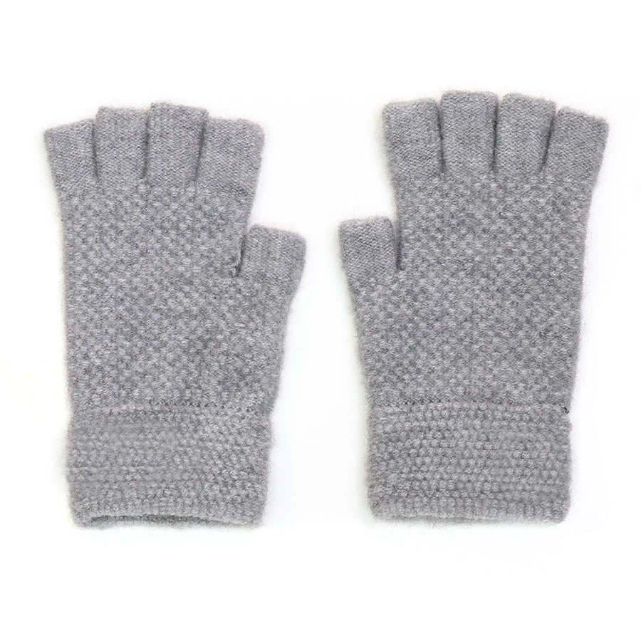 A pair of grey, knitted fingerless gloves made from vegan materials, shown side by side on a white background—ideal accessories for autumn.