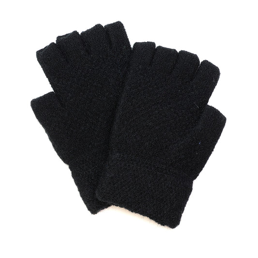 A pair of black vegan fingerless gloves shown on a white background.