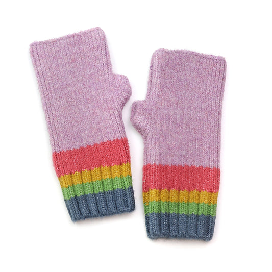 A pair of cruelty-free mauve rainbow mittens—pink, fingerless, with red, green, yellow and grey stripes near the cuffs—laid flat on a white background.