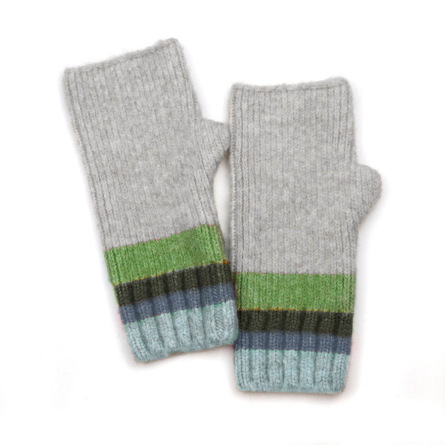 A pair of grey knitted fingerless gloves with green, navy, and blue striped cuffs—ideal for mixing and matching with your favourite cold-weather accessories.