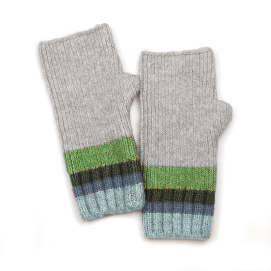 A pair of grey knitted fingerless gloves with green, navy, and blue striped cuffs—ideal for mixing and matching with your favourite cold-weather accessories.
