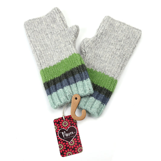 A pair of grey fingerless gloves with green, blue, and black striped cuffs—ideal cold-weather accessories—shown with a cardboard tag and a heart-shaped “Mum” label.