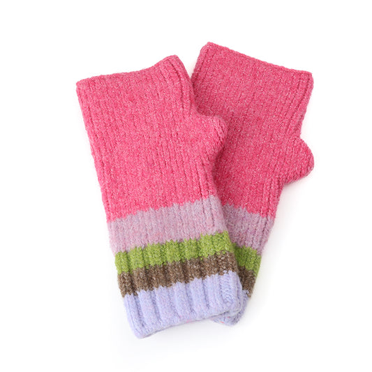 A pair of cosy winter accessories, these knitted fingerless gloves feature pink, lavender, green and brown stripes and are displayed on a white background.