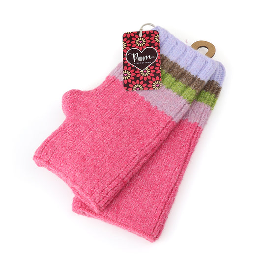 A pair of cosy winter accessories: pink knitted fingerless gloves with purple, green, and brown stripes, shown with a floral-patterned tag attached—ideal Pink and Green Stripe Mittens for chilly days.