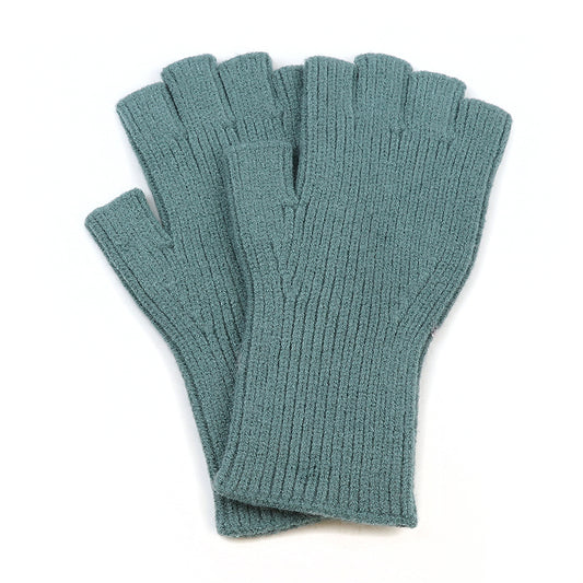 A pair of teal, ribbed, vegan fingerless gloves are laid flat on a white background, ideal for eco-friendly fashion enthusiasts.