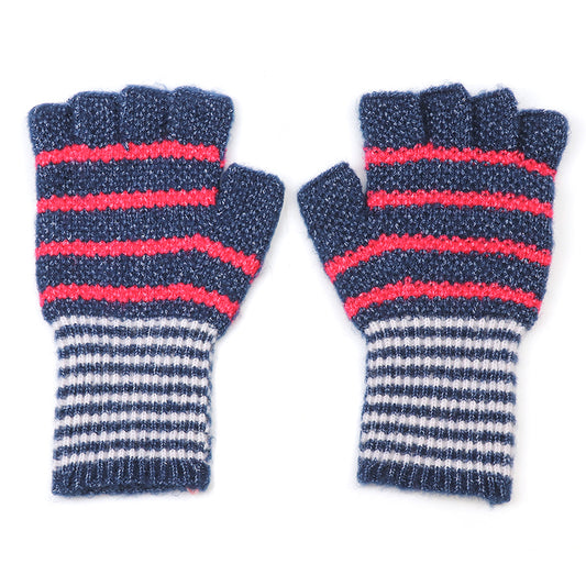 A pair of fingerless gloves with horizontal navy blue and red stripes, made from vegan materials, laid flat on a white background.
