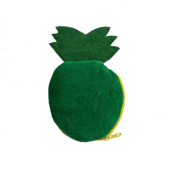 Green, pineapple-shaped purse with a yellow zip, featuring a quirky design, photographed against a white background.
