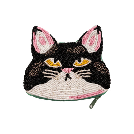 A small zipped pouch in the shape of a cat’s face, adorned with black, white, pink and yellow beads—an adorable beaded cat coin purse that makes a perfect gift for any cat lover.
