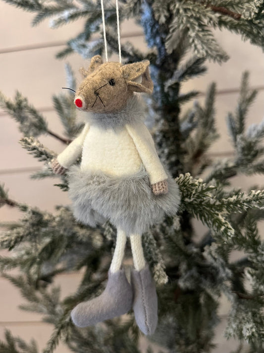 A plush Christmas Mouse Tree Decoration with grey boots and fur trim hangs on a frosted artificial Christmas tree, adding charm to your festive décor.