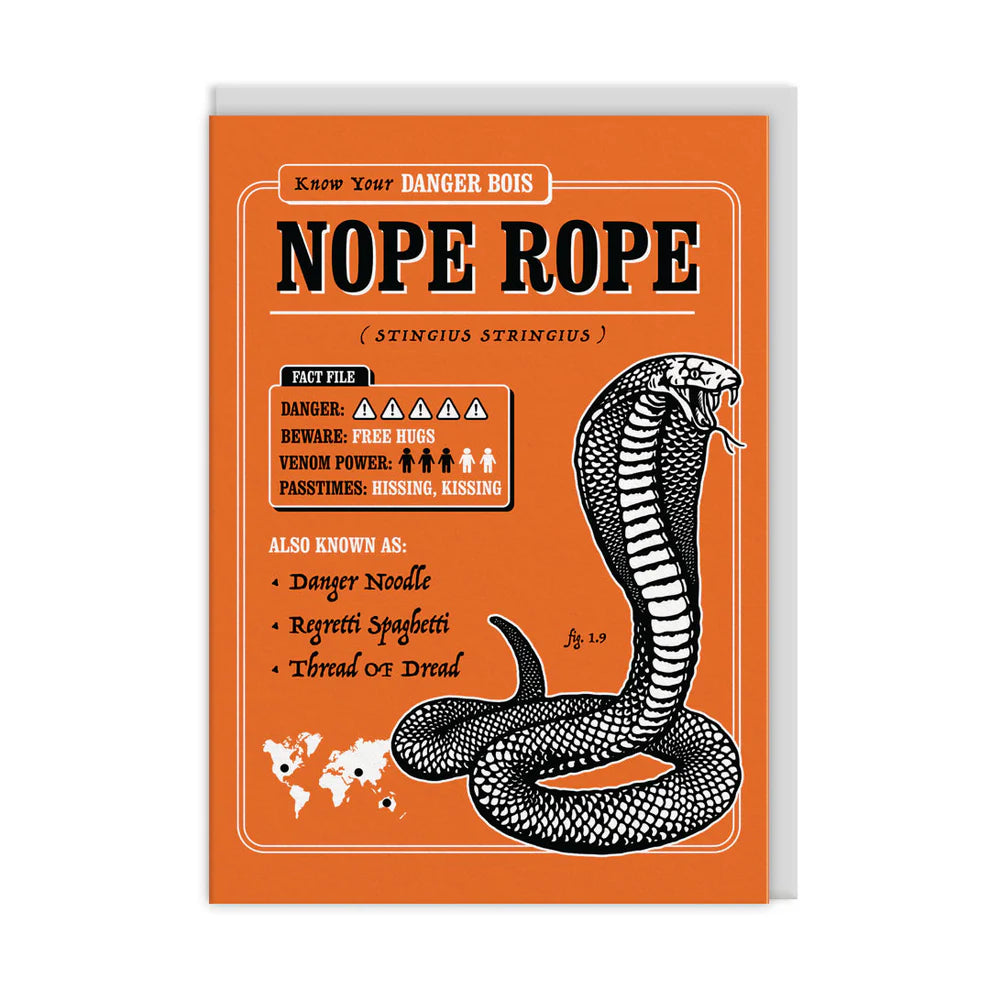 Illustration of a cobra with humorous text titled Nope Rope, featuring playful names such as Danger Noodle and details like Beware: Free Hugs on an orange background. Perfect as an A6 greeting card for serpent-inspired celebration vibes.
