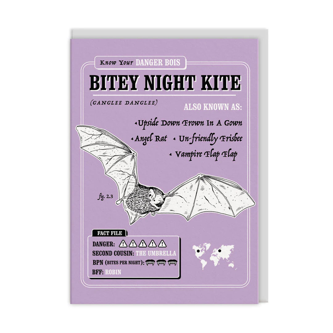 Illustrated poster of the Bitey Night Kite, an exotic Danger Bois bat. Includes humorous alternative names, a map, and a Fact File section. The purple background adds charm to this unique depiction, making it perfect for a quirky greetings card.