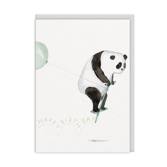 Illustration of an adventurous panda on a pogo stick holding a green balloon, featured on an E Frances Paper birthday card with the text Happy Birthday beneath.