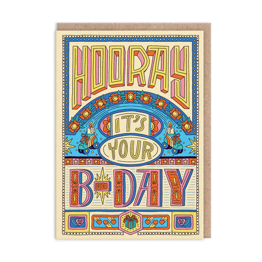 A colourful A6 birthday card featuring Frieda Ruh design elements, with Hooray Its Your B-Day encircled by vibrant floral and geometric patterns.