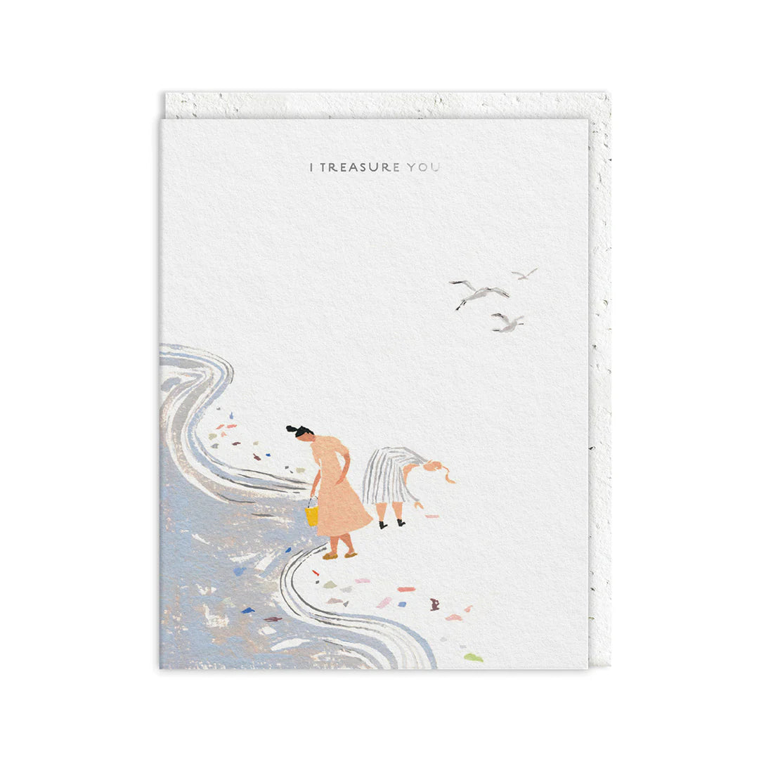 Illustration of two people searching along a shoreline with birds flying overhead and the text I TREASURE YOU CARD at the top—a heartfelt gift, perfect for someone special.