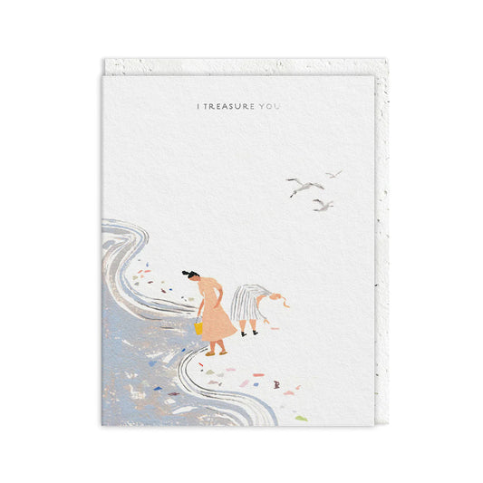 Illustration of two people searching along a shoreline with birds flying overhead and the text I TREASURE YOU CARD at the top—a heartfelt gift, perfect for someone special.
