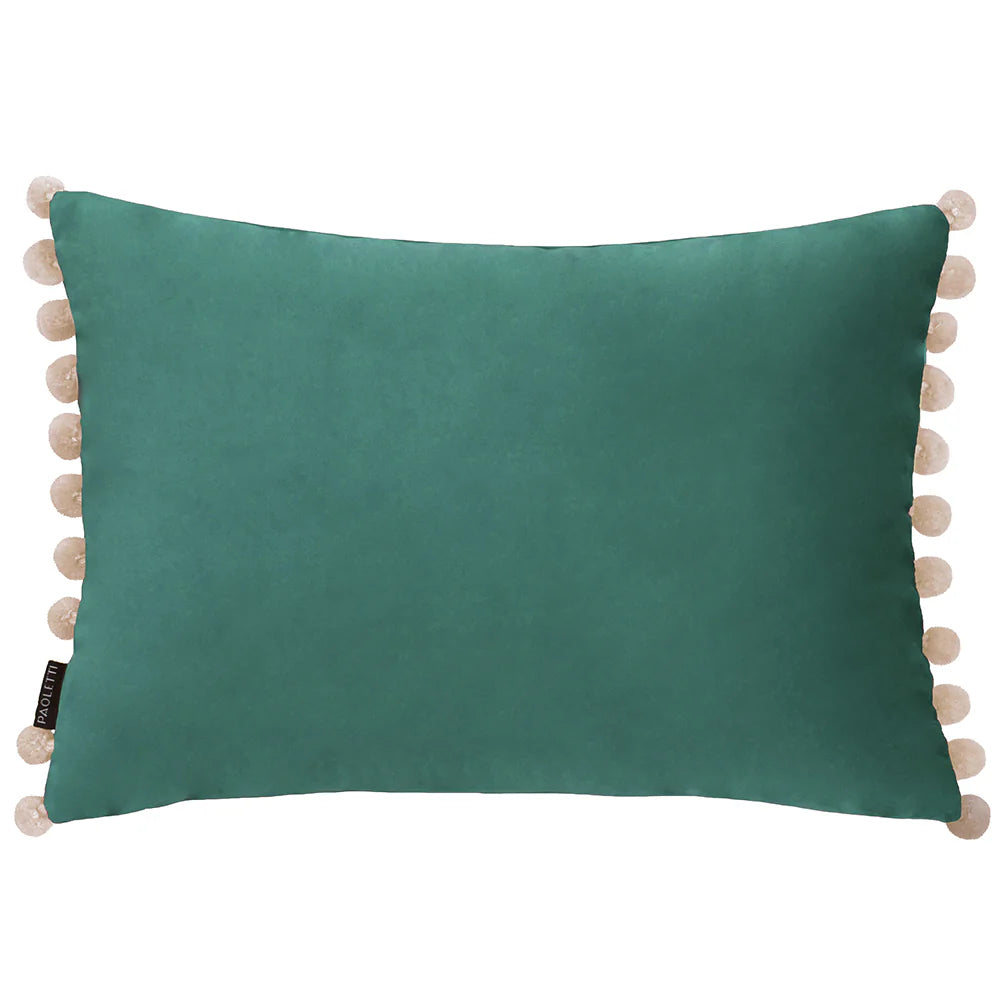 Rectangular teal Fiesta Velvet Cushion with cream-coloured pom-poms along the left and right edges, crafted from bamboo fibres, shown against a plain white background.