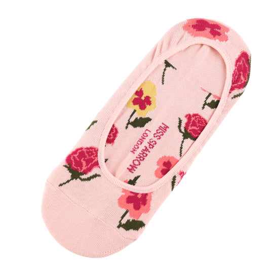 A dusky pink no-show sock featuring a red and yellow floral pattern, with IMES SE SARAOON and UNIQUEON printed on the sole from Miss Sparrow’s Botany Study Invisible Footsie Rose Socks collection.