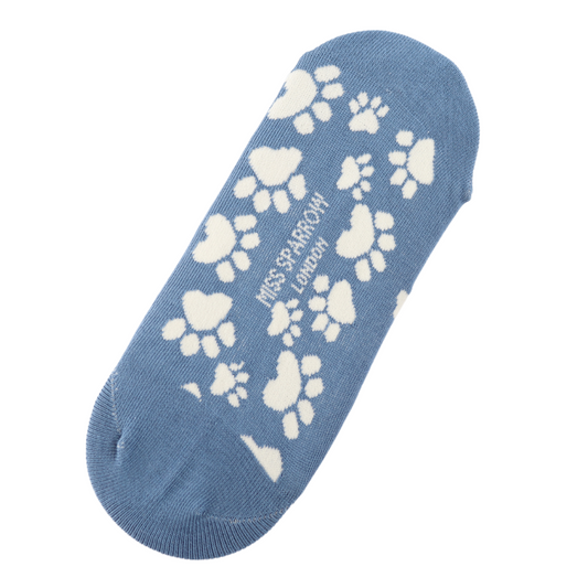 Blue footsie socks featuring white paw print patterns and the words “MISS SPARROW LONDON” printed in white at the centre—vegan-friendly and stylish for everyday wear.