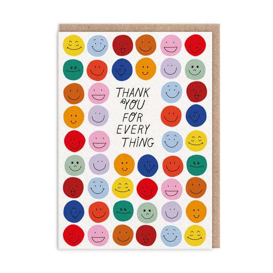 A Thank You Card featuring rows of colourful smileys and the words THANK YOU FOR EVERY THING in the centre, perfect for expressing gratitude.