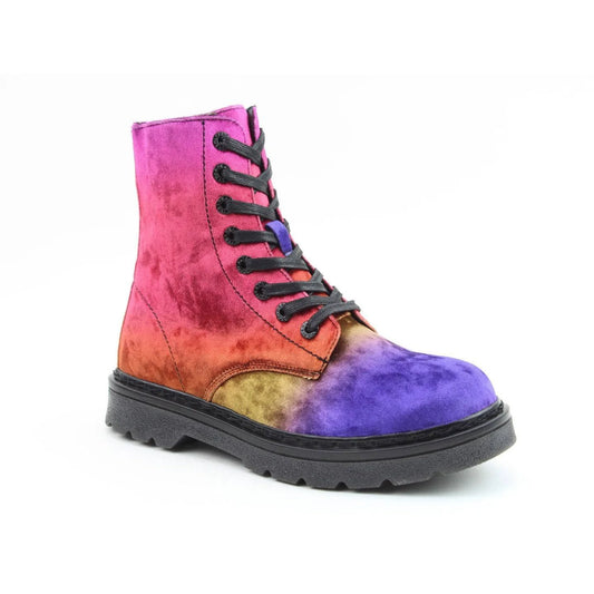 A lace-up combat boot with a black sole and a colourful gradient pattern in pink, red, orange, yellow and purple, these Vegan Ankle Boots feature a cushioned memory foam insole for all-day comfort.