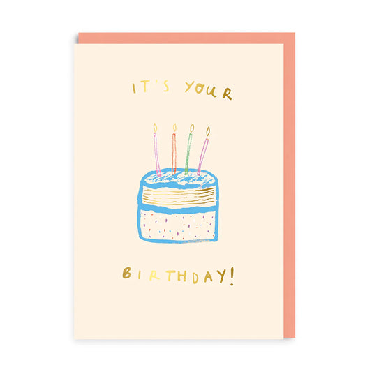 A birthday card featuring an illustration of a cake with four lit candles, ideal for marking a special day, with the phrase IT'S YOUR BIRTHDAY! displayed above and below the cake.