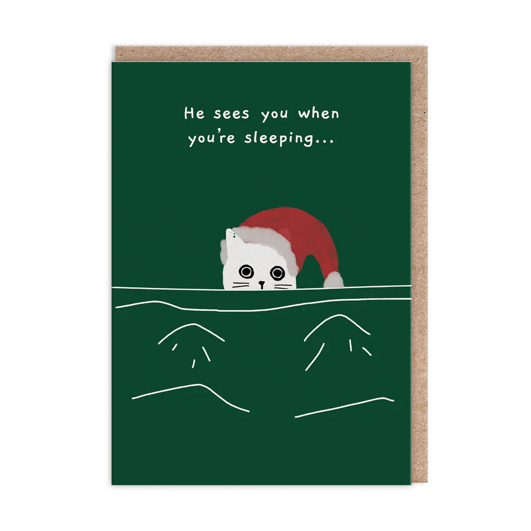 An illustration of a cat in a Santa hat peers over a ledge, with text above reading, He sees you when you’re sleeping...—a purrfectly amusing Christmas card for festive humour on a dark green background.