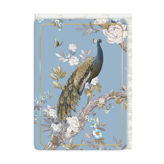 Illustration of a Peacock Card with a peacock perched on a blossoming branch adorned with white and blue flowers, green leaves, and a butterfly, set against a pale blue background—ideal for sending cheerful wishes.