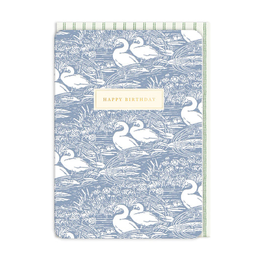 A Swan Birthday Card with a blue and white swan pattern and a beige rectangle in the centre displaying the birthday greeting, "Happy Birthday.