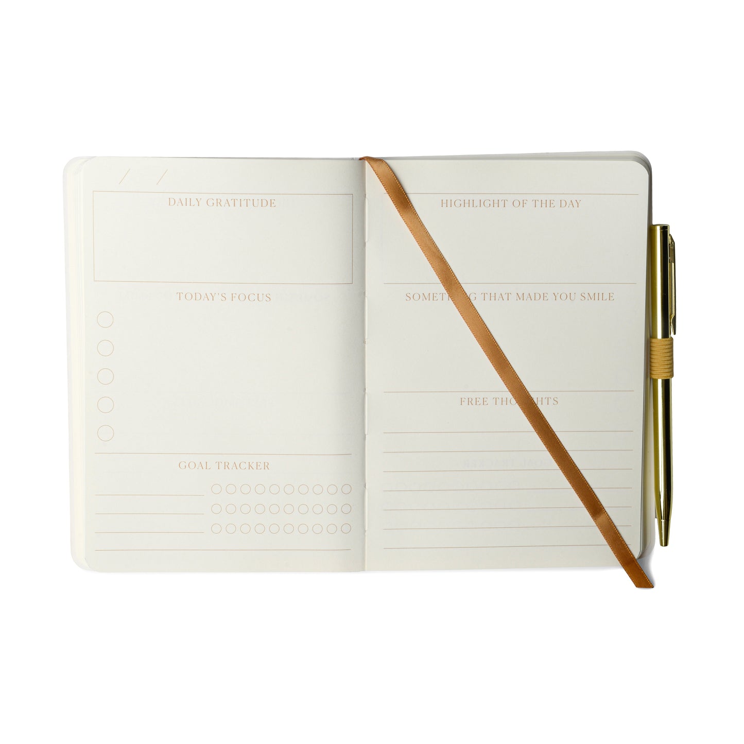 Open gratitude journal featuring sections for daily gratitude, today’s focus, goal tracker, highlight of the day, something that made you smile, and free thoughts; gold pen attached.