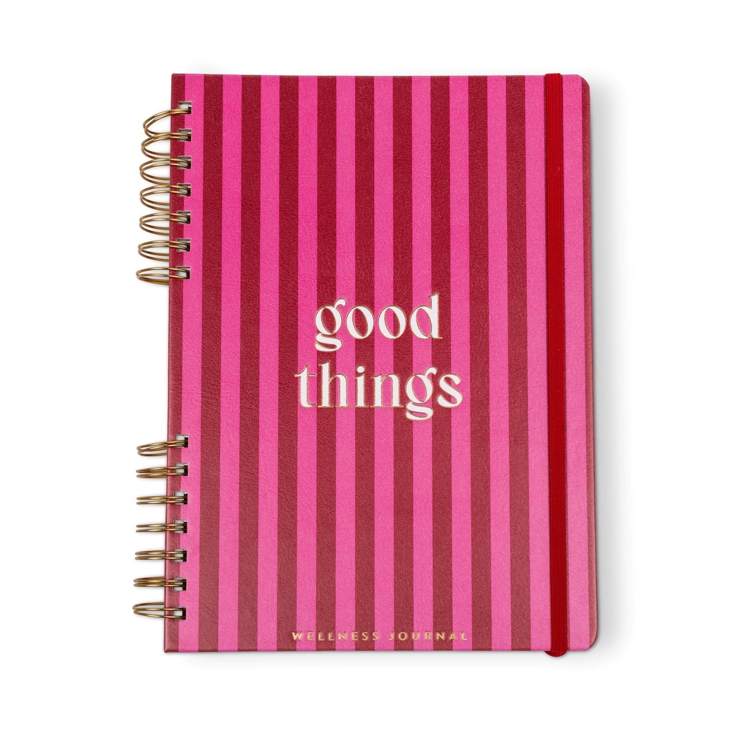 A spiral-bound self-care journal featuring pink and red vertical stripes and the words good things on the cover, ideal for your daily gratitude practice.