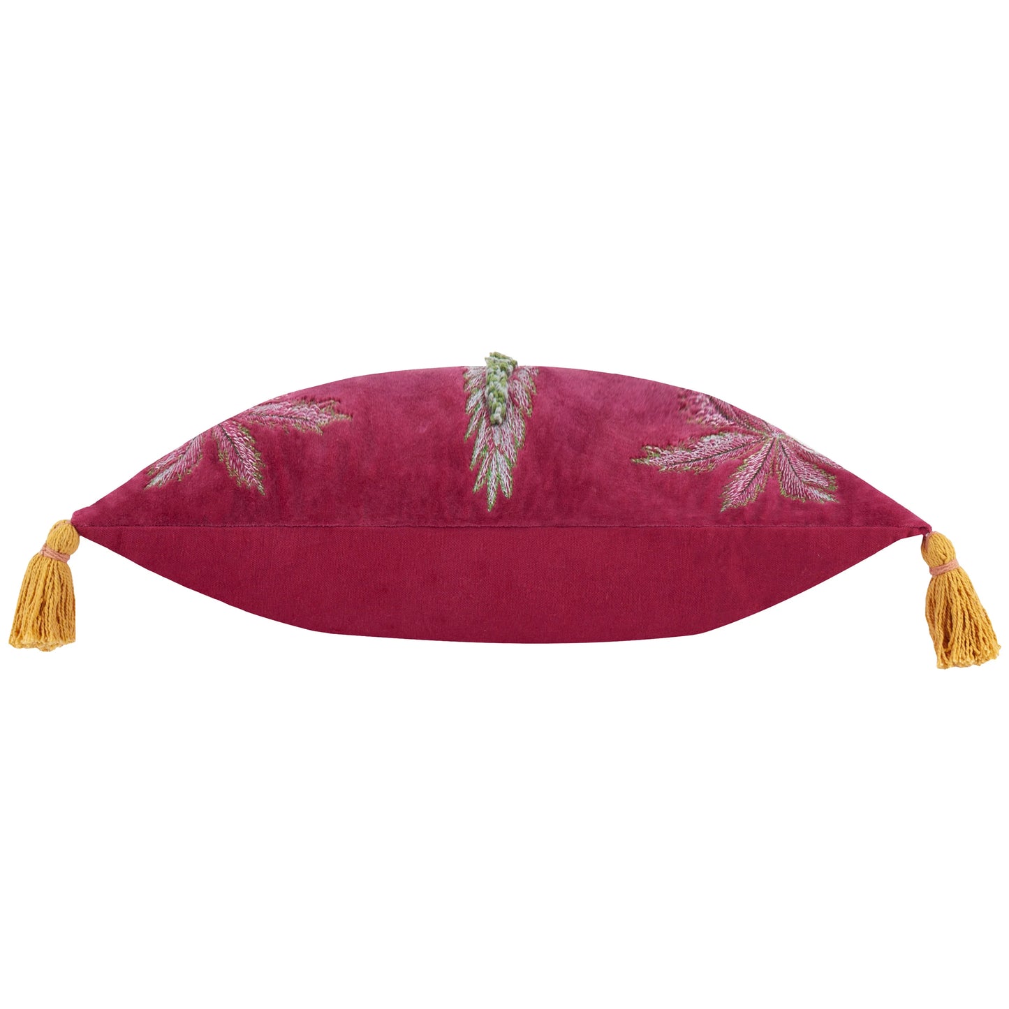 Rectangular magenta embroidered velvet cushion with leaf motifs and yellow tassels at each corner, shown in profile—a luxurious cushion that brings elegance to any room.