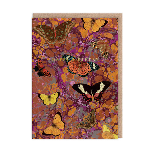 This Pink Greeting Card showcases Kaleidos Elegant Design, featuring colourful butterflies fluttering on a marbled purple and orange background.
