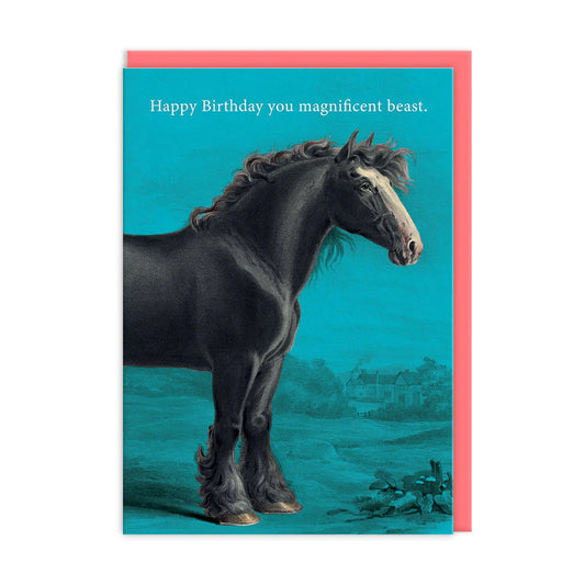 Greeting card featuring a black horse with the text: Happy Birthday you majestic beast. The background is a teal countryside scene, promising a jolly good time for the recipient.