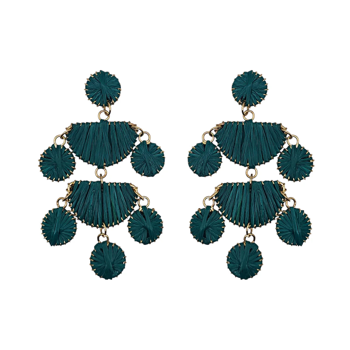 A pair of teal woven raffia chandelier earrings with gold accents, arranged in a tiered, geometric design that showcases bohemian elegance and a lightweight construction for effortless style.