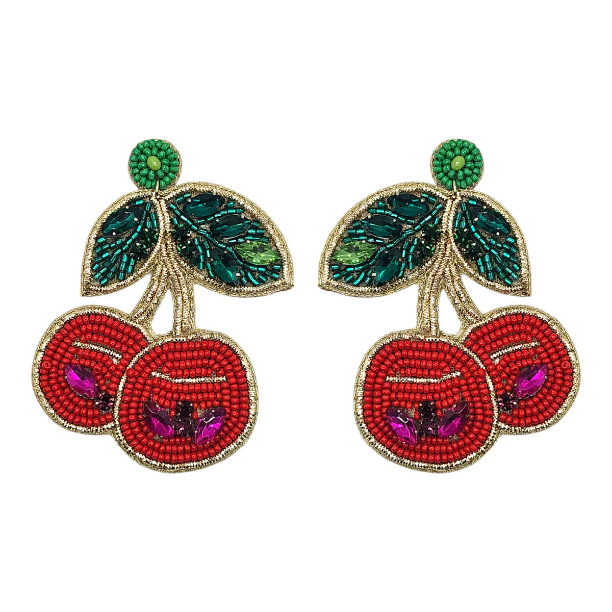 Beaded Crystal Disco Cherry Earrings, shaped like cherries with red fruit, green leaves, and gold accents—an eye-catching statement piece from Narratives The Line.