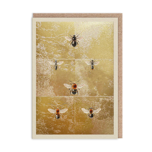 The Buzzworthy Bees Greeting Card is a whimsical artwork featuring bees arranged in a grid pattern on a textured gold background, perfectly sized for your C6 envelopes.