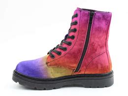 A combat-style vegan ankle boot with black laces and sole, featuring a multicoloured gradient in purple, yellow, orange and pink, as well as a side zip and comfortable memory foam insole.