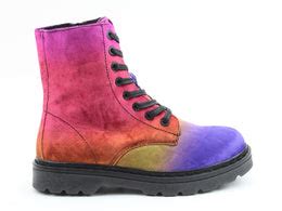 A lace-up combat boot with a gradient colour pattern transitioning from red and orange at the heel to purple at the toe, featuring a memory foam insole, black sole, and black laces.