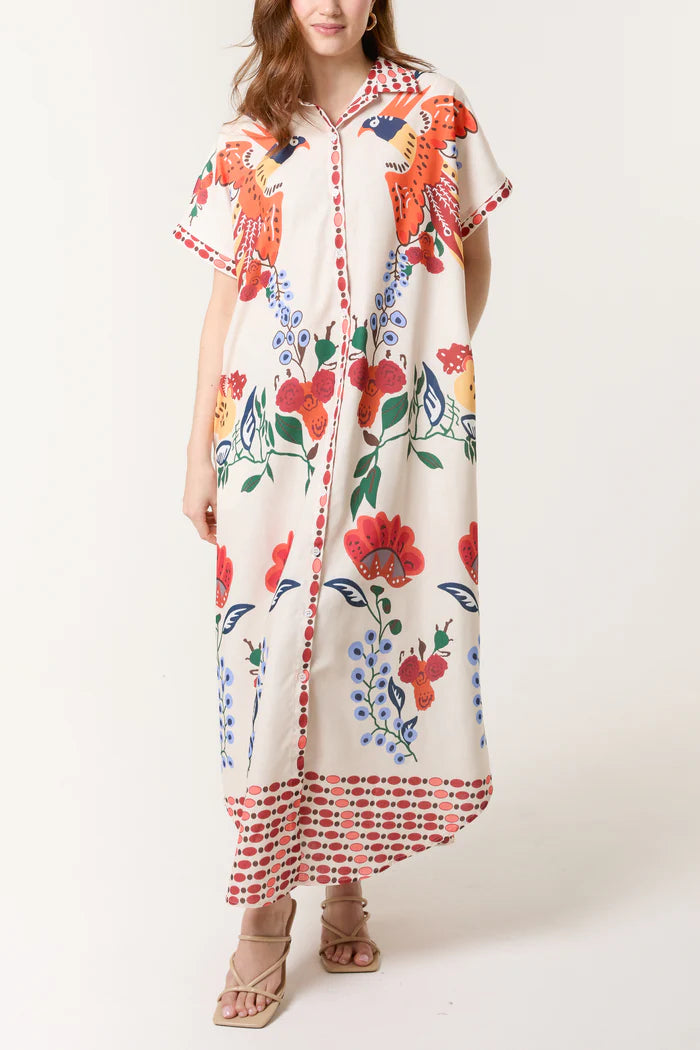 Parrot & Flowers Button-Through Maxi Dress