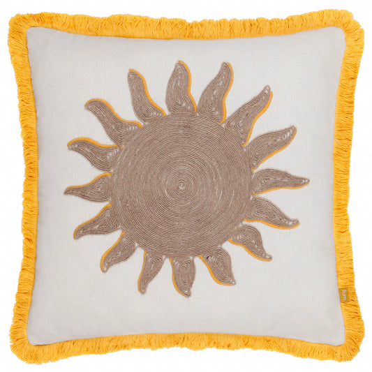 The Sun Embroidered Cushion boasts a sun design at its centre, brought to life with a circular pattern and yellow edges. Crafted from luxurious fabric, this piece of home decor features a vibrant yellow fringe border for an elegant touch.