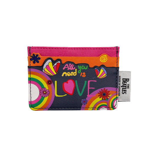 A colourful, retro cardholder with ‘All you need is LOVE’ and rainbow designs, featuring The Beatles branding on a side tag—a perfect music-inspired accessory.