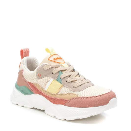 A multicoloured trainer featuring beige, pink, yellow, and teal accents with a white sole and mesh, suede, and leather materials—these Beige Multi Colour Trainers also include a non-slip rubber sole for added grip.