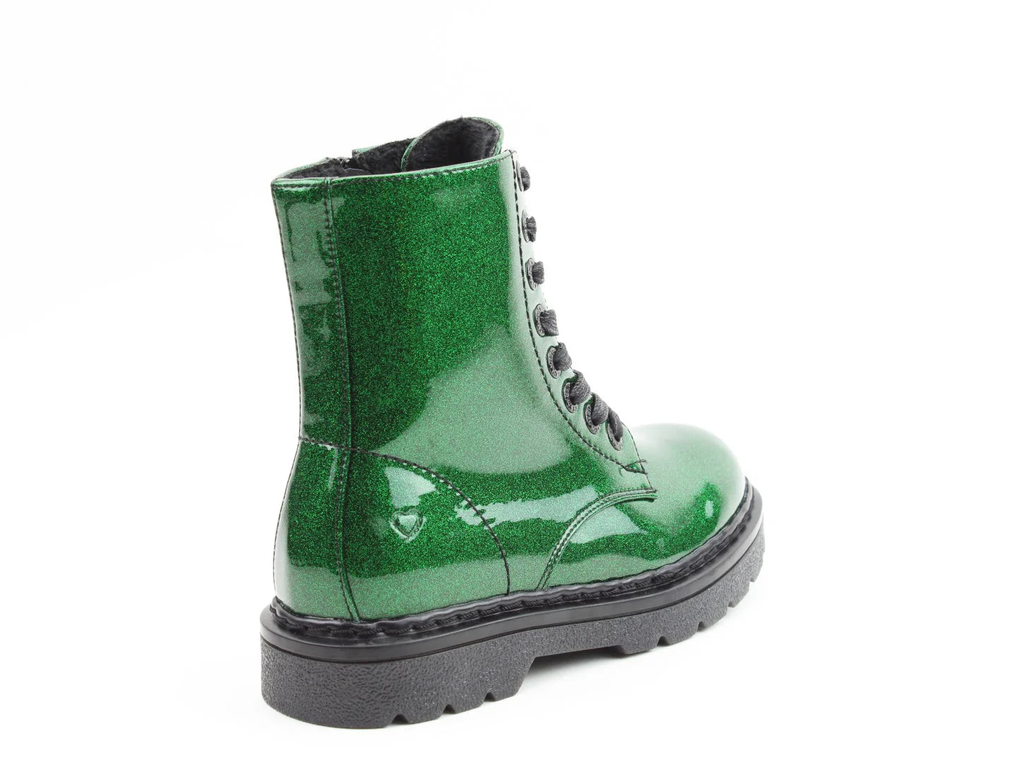 Green glitter-flecked ankle boots with black laces and a chunky black sole, crafted from vegan-friendly materials, viewed from the side against a white background.